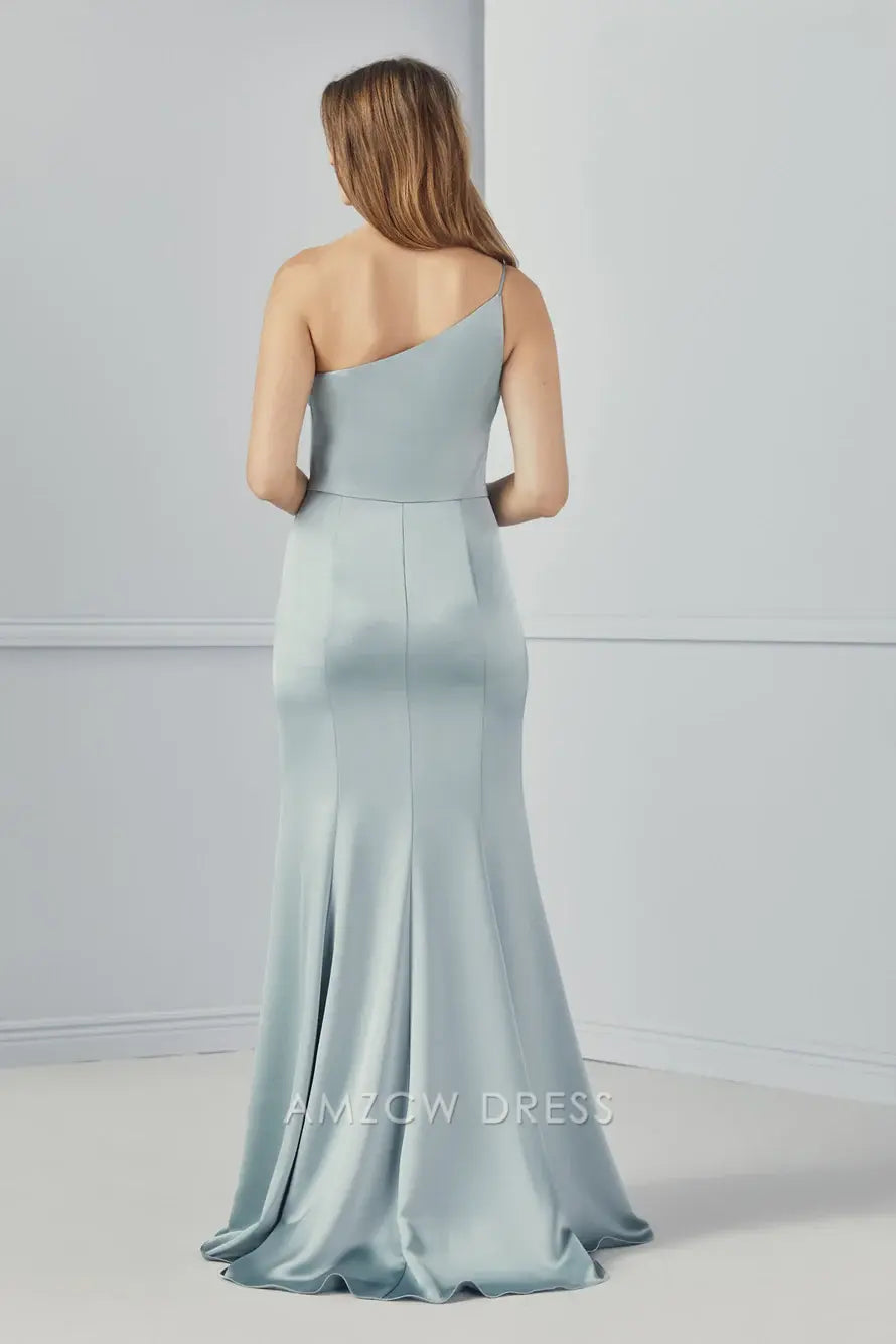 Elegante vestido de satén azul suave de Amzcw con un solo hombro y abertura lateral. 
