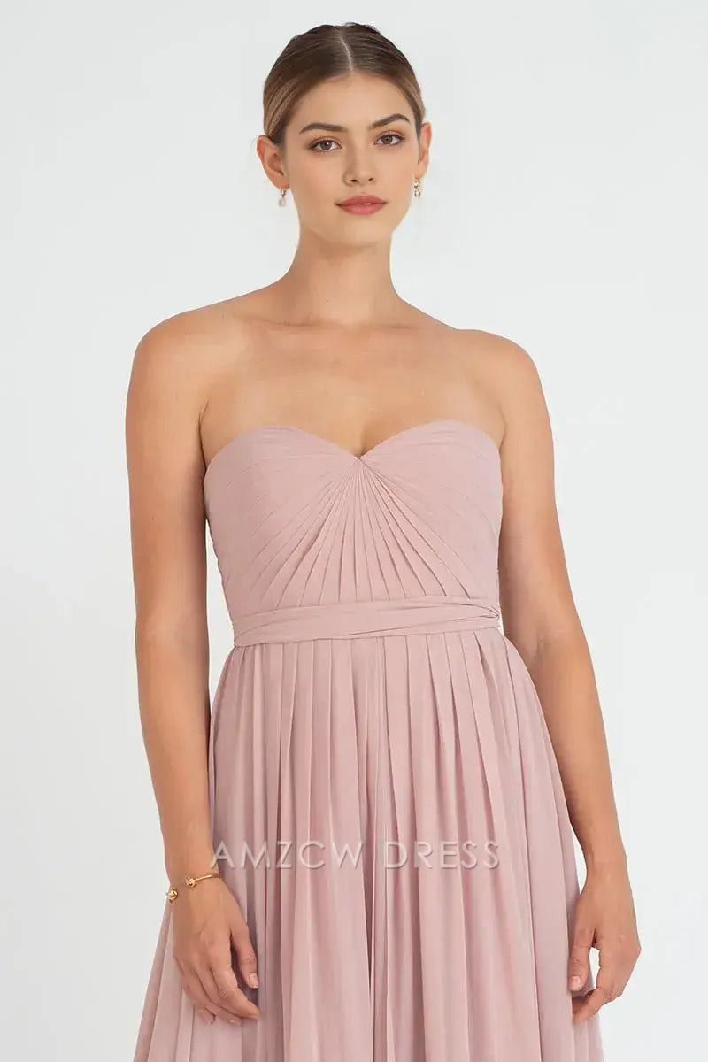 Amzcw Elegante y sofisticado vestido de gasa ruborizado sin tirantes, escote corazón, cintura alta, fluido, largo maxi, vestidos formales 