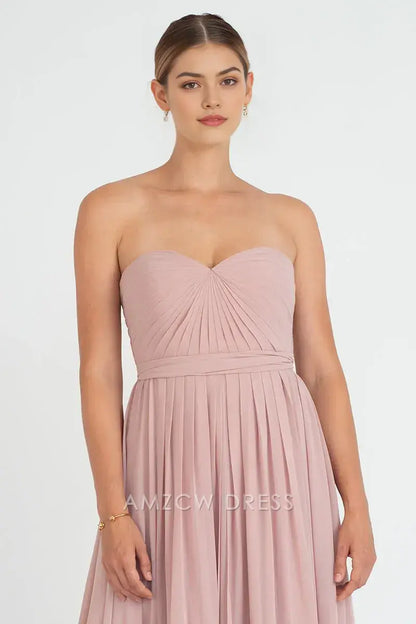 Amzcw Elegante y sofisticado vestido de gasa ruborizado sin tirantes, escote corazón, cintura alta, fluido, largo maxi, vestidos formales 