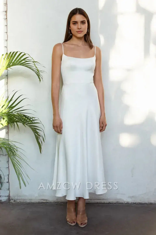 Amzcw Elegant Straight - Neck Satin Slip Dress: Effortless Elegance for Any Occasion