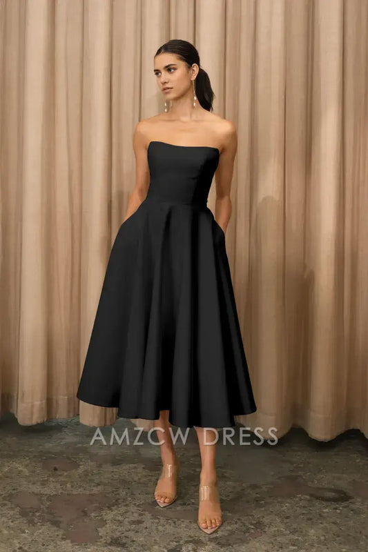 Amzcw Elegant Strapless A - Line Midi Dress: Timeless Chic for Evening Affairs