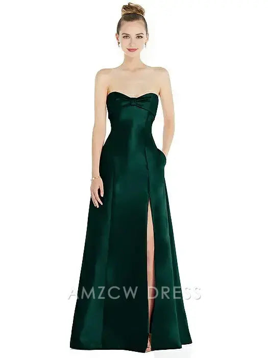 Amzcw Elegant Strapless Bow - Front Gown with Side Slit & Pockets: Chic Sophistication formal wear dresses