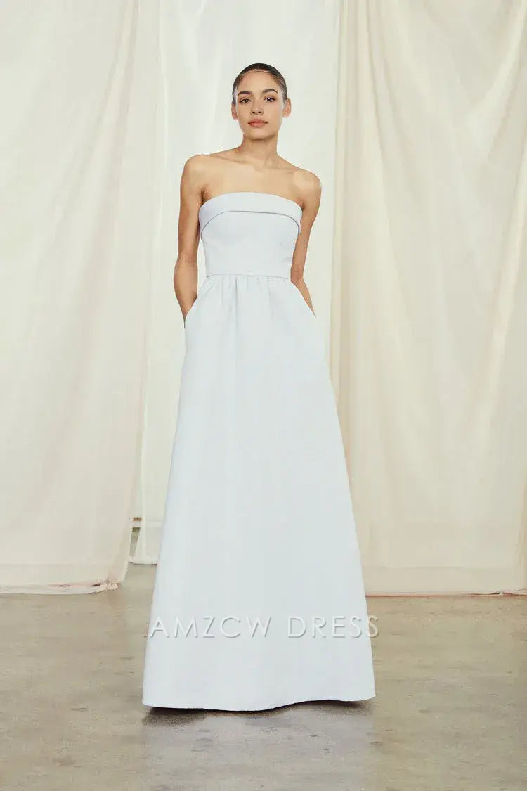Elegante vestido largo azul claro sin tirantes y con bolsillos de Amzcw - Vestidos de novia y formales atemporales 