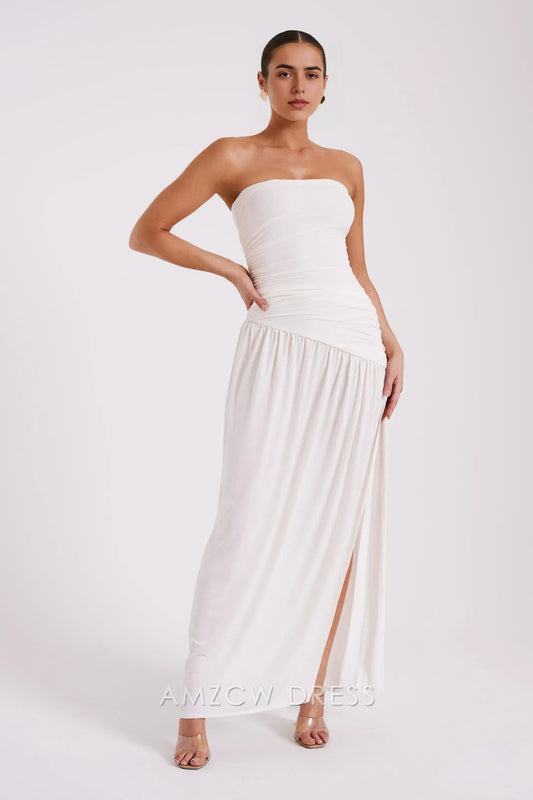 Amzcw Elegant Strapless Maxi Dress with Asymmetric Ruched Design & High Slit Party wear