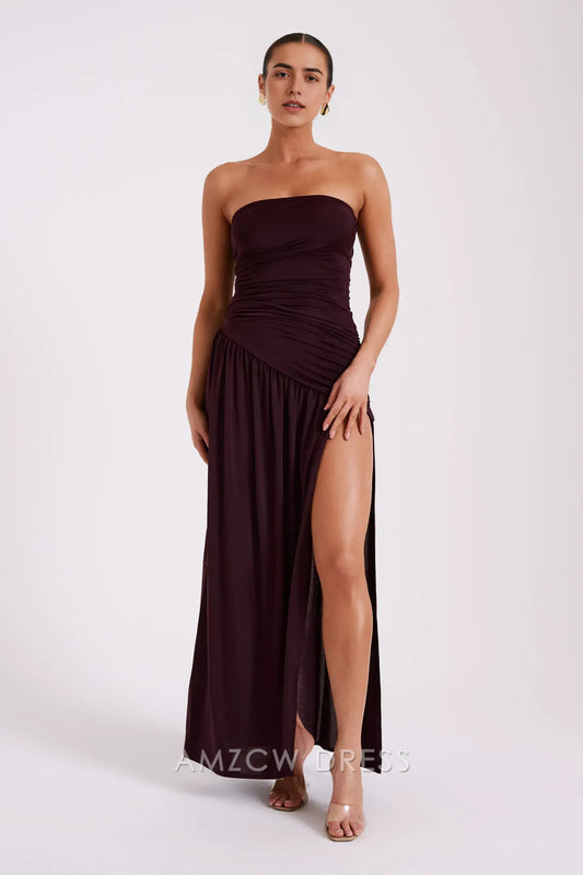 Amzcw Elegant Strapless Maxi Dress with Asymmetric Ruched Design & High Slit Party wear