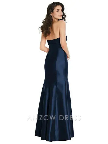 Elegante vestido de satén sin tirantes Amzcw con detalle de lazo y abertura lateral - Vestidos formales azul marino para mujer 