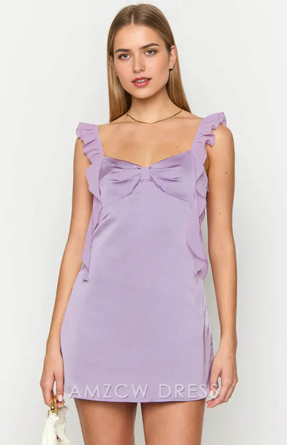 Elegante vestido de satén lila con volantes y lazo Amzcw para fiesta. 