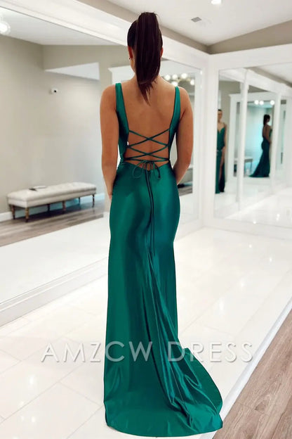 Amzcw Elegant Teal Plunge V Lace-Up Mermaid Long Formal Dress formal wear dresses