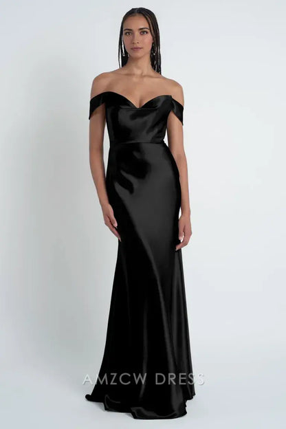 Elegante vestido negro atemporal de sirena con hombros descubiertos de Amzcw para eventos formales. 