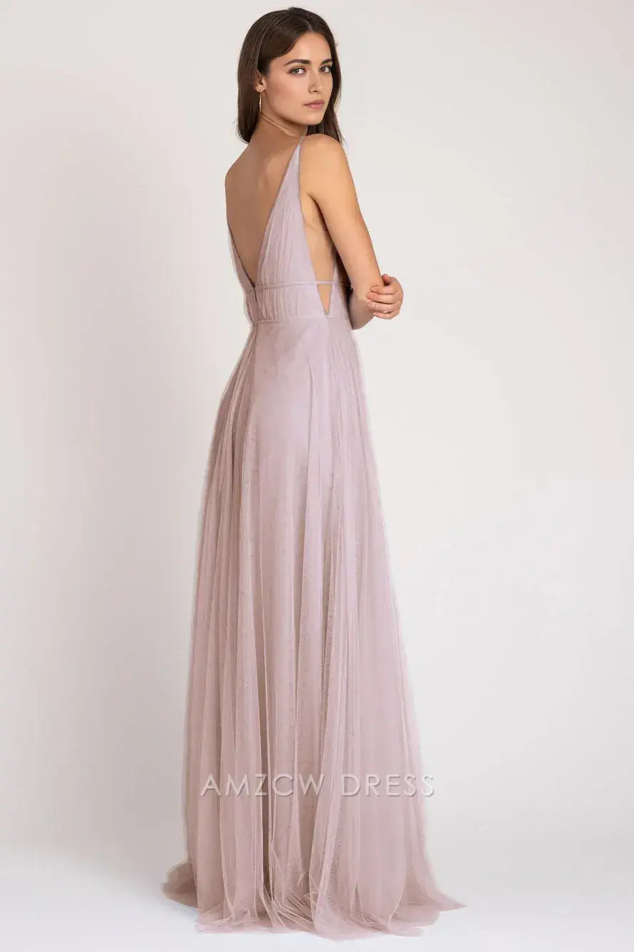 Vestido de dama de honor elegante, atemporal y con escote en V profundo de Amzcw en tul ruborizado. 