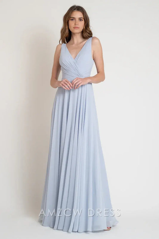 Amzcw Elegant V - Neck Chiffon Maxi Dress with Pleated Skirt: Effortless Grace for Formal Affairs