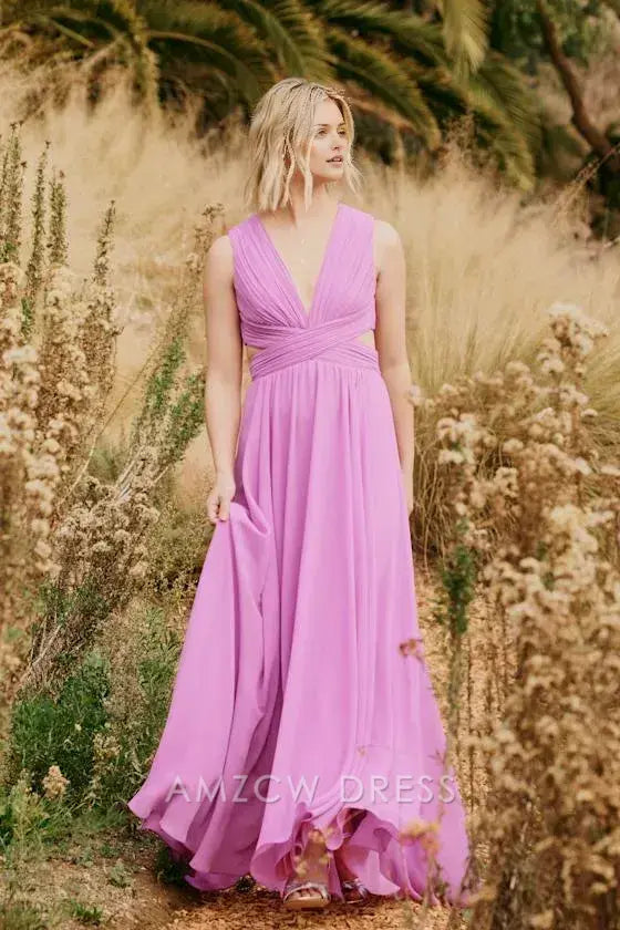 Vestido largo elegante con aberturas en tonos lilas de Amzcw para ocasiones formales 
