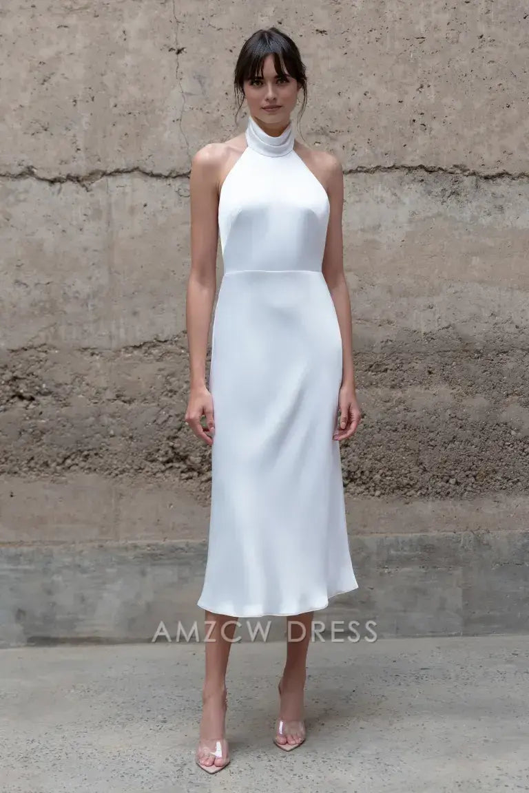 Amzcw Elegante Vestido Midi de Satén con Cuello Halter Blanco Vestidos Formales 