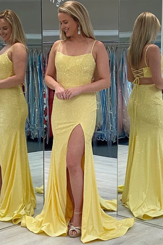 Amzcw Elegant Yellow Mermaid Sparkle Long Formal Dress