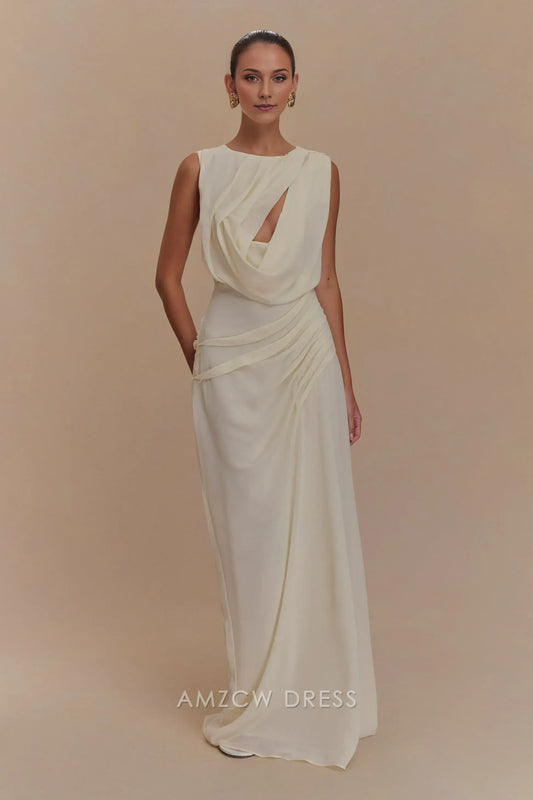 Amzcw Elegant prom clothes Chiffon Maxi Dress - Ivory Floor Length formal hot sale for women