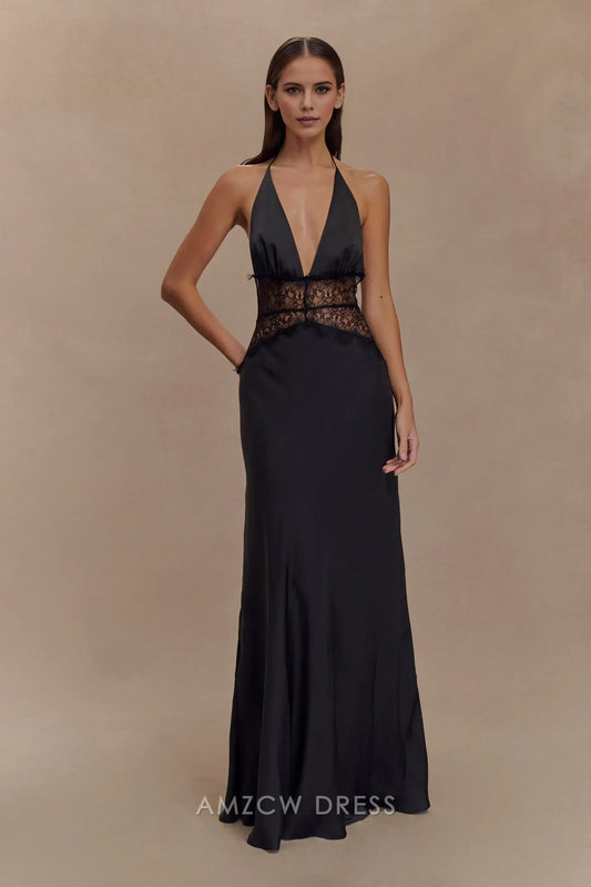Amzcw Elegant prom clothes Lace And Satin Maxi Dress - Black Floor Length formal hot sale for women