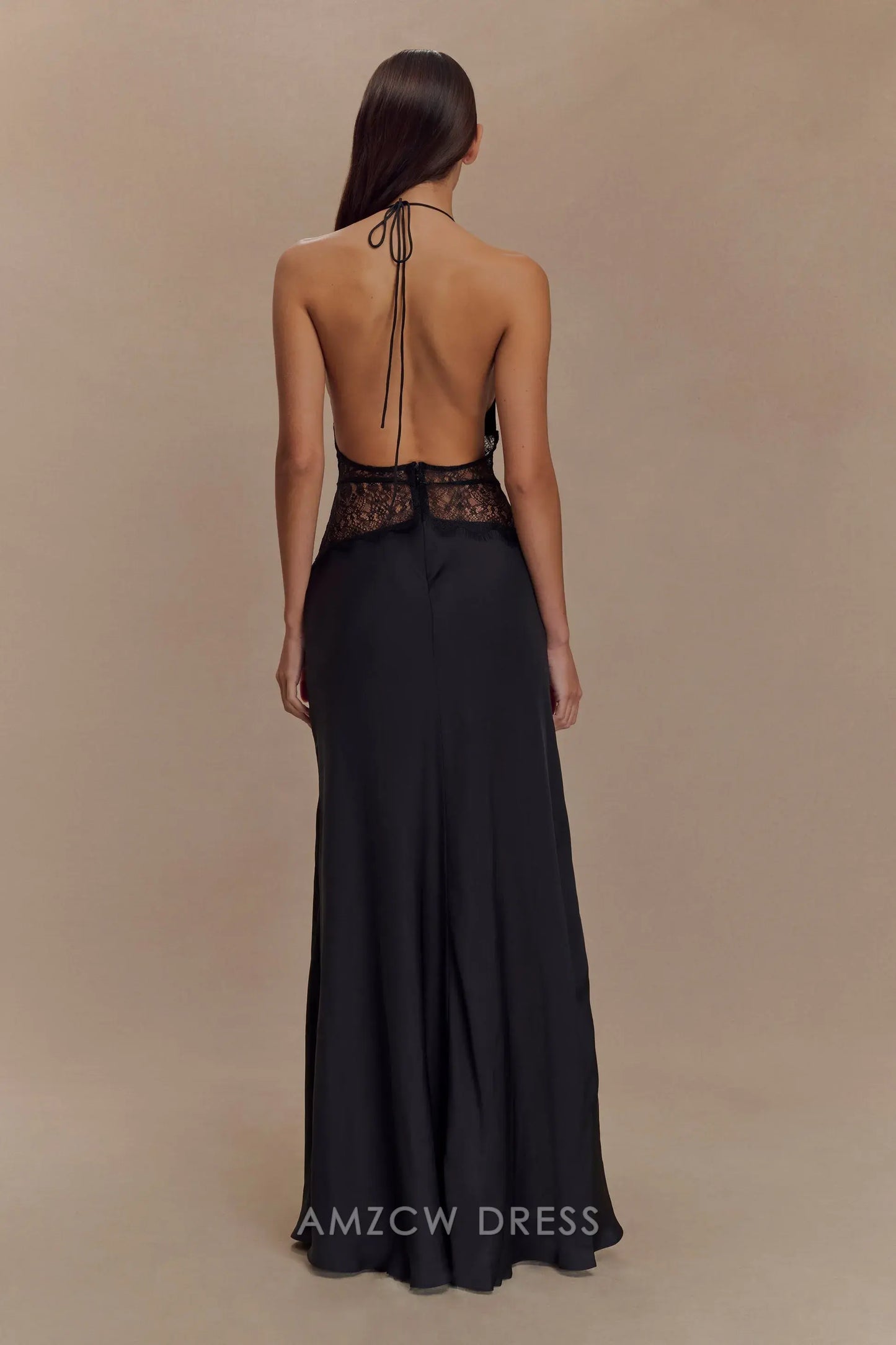 Amzcw Elegant prom clothes Lace And Satin Maxi Dress - Black Floor Length formal hot sale for women
