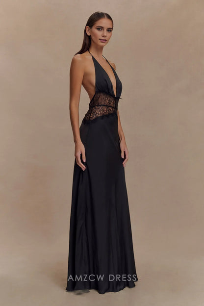 Amzcw Elegant prom clothes Lace And Satin Maxi Dress - Black Floor Length formal hot sale for women