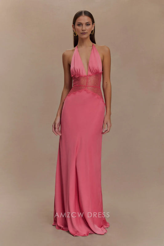 Amzcw Elegant prom clothes Lace And Satin Maxi Dress - Blush Rose formal hot sale for women