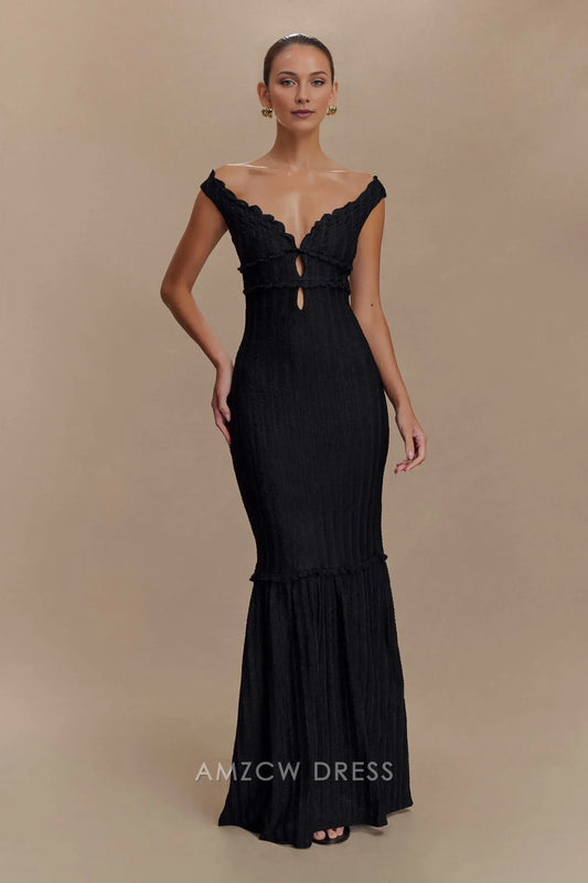 Amzcw Elegant prom clothes Off Shoulder Maxi Dress - Black Floor Length formal hot sale for women