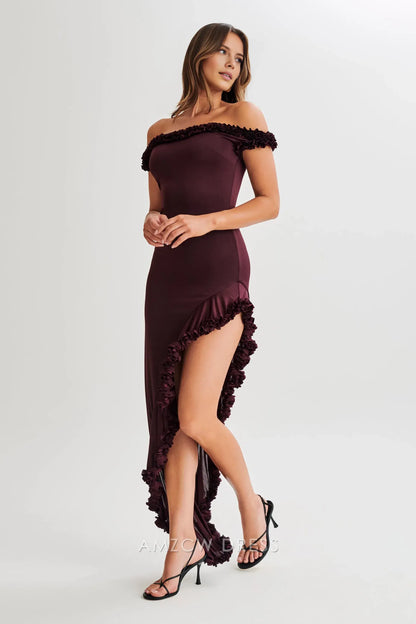 Amzcw Elegant prom clothes Off Shoulder Ruffle Midi Dress - Plum Floor Length formal hot sale for women