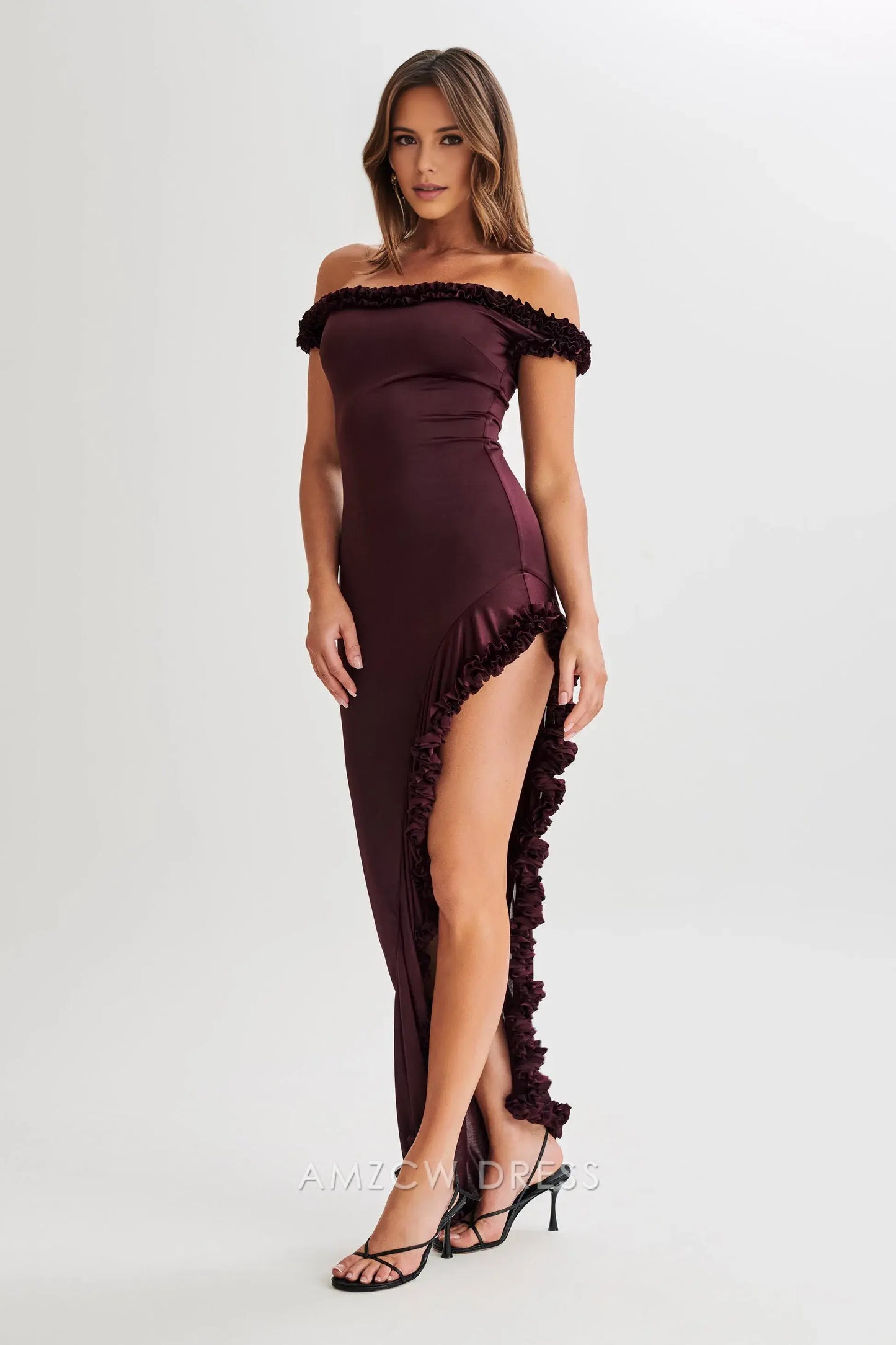Amzcw Elegant prom clothes Off Shoulder Ruffle Midi Dress - Plum Floor Length formal hot sale for women