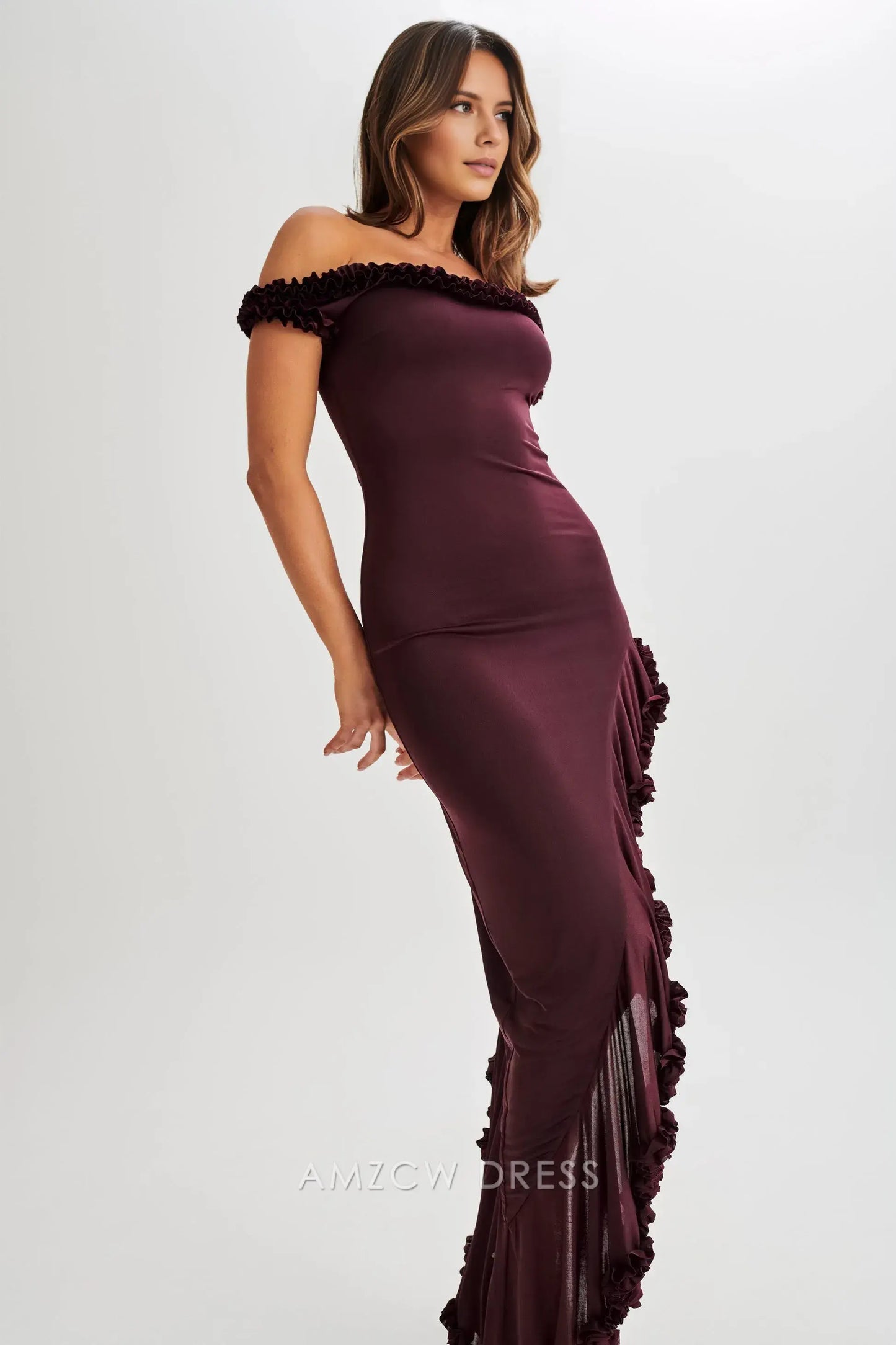 Amzcw Elegant prom clothes Off Shoulder Ruffle Midi Dress - Plum Floor Length formal hot sale for women