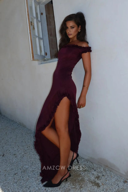 Amzcw Elegant prom clothes Off Shoulder Ruffle Midi Dress - Plum Floor Length formal hot sale for women