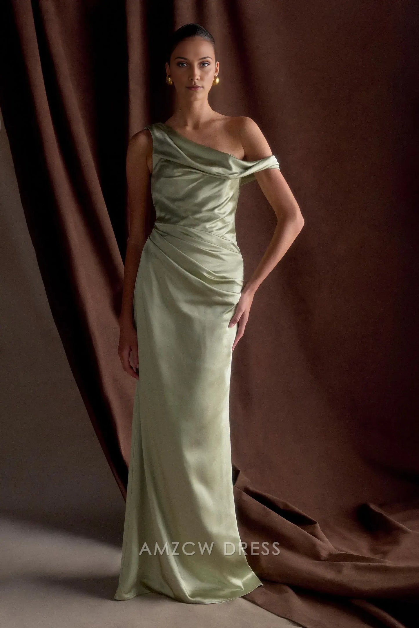 Amzcw Elegant prom clothes Off Shoulder Satin Maxi Dress - Sage Floor Length formal hot sale for women