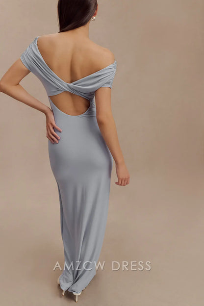 Amzcw Elegant prom clothes Off Shoulder Slinky Maxi Dress - Dusty Blue Floor Length formal hot sale for women