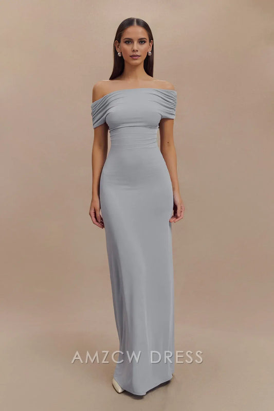 Amzcw Elegant prom clothes Off Shoulder Slinky Maxi Dress - Dusty Blue Floor Length formal hot sale for women