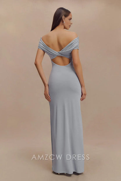 Amzcw Elegant prom clothes Off Shoulder Slinky Maxi Dress - Dusty Blue Floor Length formal hot sale for women