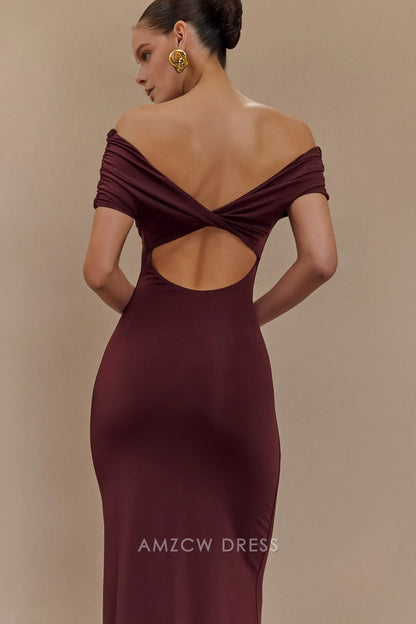 Amzcw Elegant prom clothes Off Shoulder Slinky Maxi Dress - Mahogany Floor Length formal hot sale for women