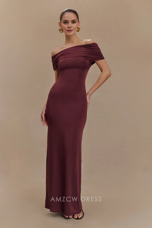 Amzcw Elegant prom clothes Off Shoulder Slinky Maxi Dress - Mahogany Floor Length formal hot sale for women