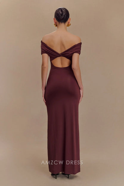Amzcw Elegant prom clothes Off Shoulder Slinky Maxi Dress - Mahogany Floor Length formal hot sale for women