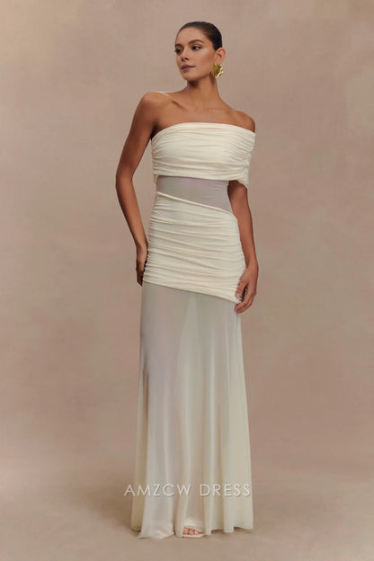 Amzcw Elegant prom clothes One Shoulder Mesh Maxi Dress - Ivory Floor Length formal hot sale for women