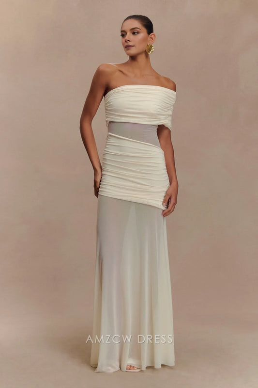 Amzcw Elegant prom clothes One Shoulder Mesh Maxi Dress - Ivory Floor Length formal hot sale for women