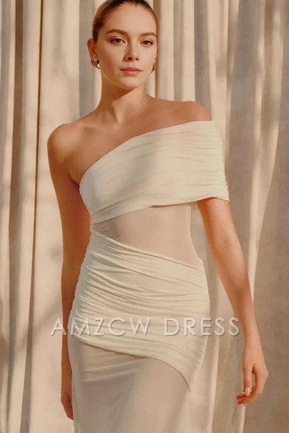 Amzcw Elegant prom clothes One Shoulder Mesh Maxi Dress - Ivory Floor Length formal hot sale for women