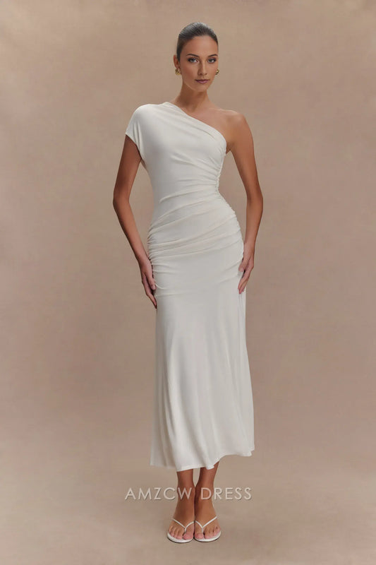 Amzcw Elegant prom clothes Peached Jersey One Shoulder Midi Dress - Ivory Floor Length formal hot sale for women