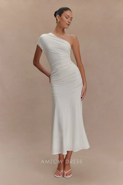 Amzcw Elegant prom clothes Peached Jersey One Shoulder Midi Dress - Ivory Floor Length formal hot sale for women