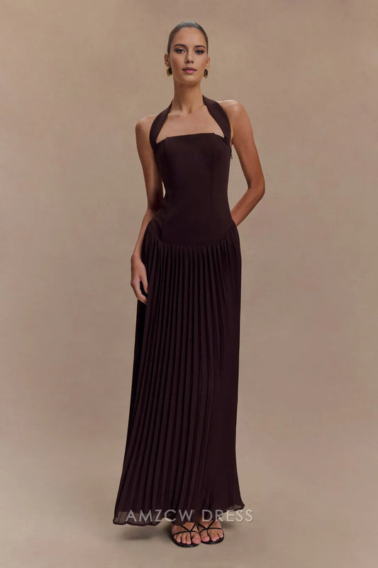 Amzcw Elegant prom clothes Pleated Halter Maxi Dress - Cacao Floor Length formal hot sale for women