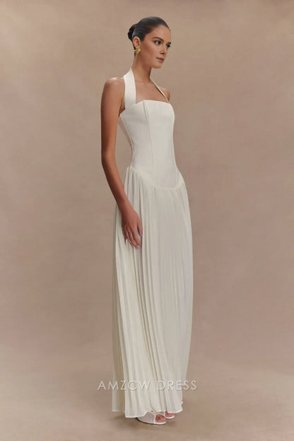 Amzcw Elegant prom clothes Pleated Halter Maxi Dress - Ivory Floor Length formal hot sale for women