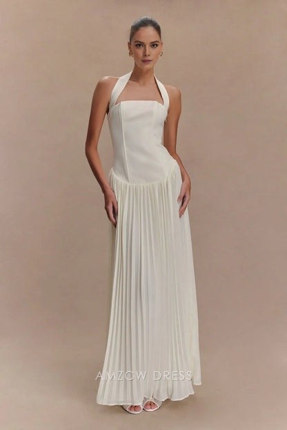 Amzcw Elegant prom clothes Pleated Halter Maxi Dress - Ivory Floor Length formal hot sale for women