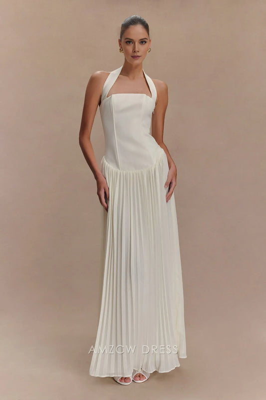 Amzcw Elegant prom clothes Pleated Halter Maxi Dress - Ivory Floor Length formal hot sale for women