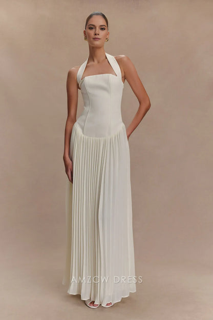 Amzcw Elegant prom clothes Pleated Halter Maxi Dress - Ivory Floor Length formal hot sale for women