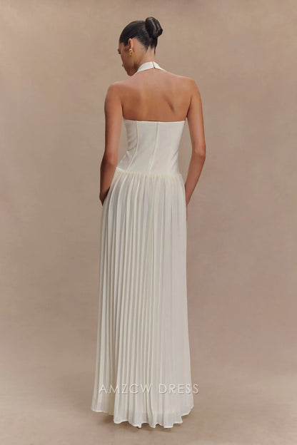 Amzcw Elegant prom clothes Pleated Halter Maxi Dress - Ivory Floor Length formal hot sale for women