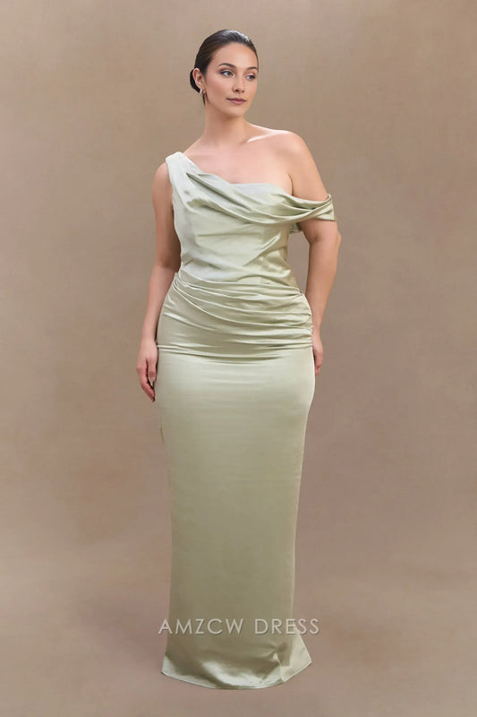 Amzcw Elegant prom clothes Plus Size Off Shoulder Satin Maxi Dress - Sage Floor Length formal hot sale for women