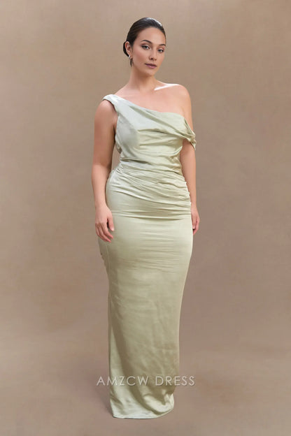 Amzcw Elegant prom clothes Plus Size Off Shoulder Satin Maxi Dress - Sage Floor Length formal hot sale for women