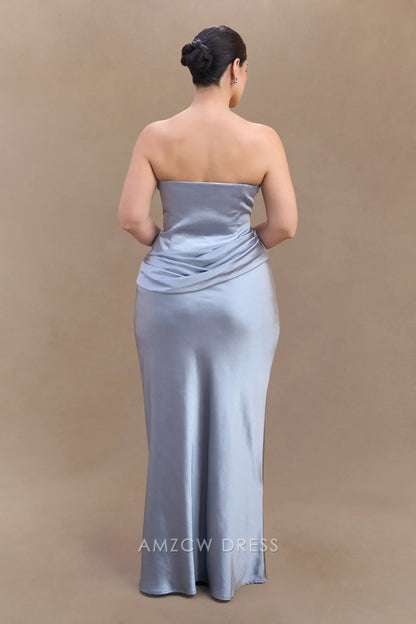 Amzcw Elegant prom clothes Plus Size Strapless Satin Maxi Dress - Frosted Blue Floor Length formal hot sale for women