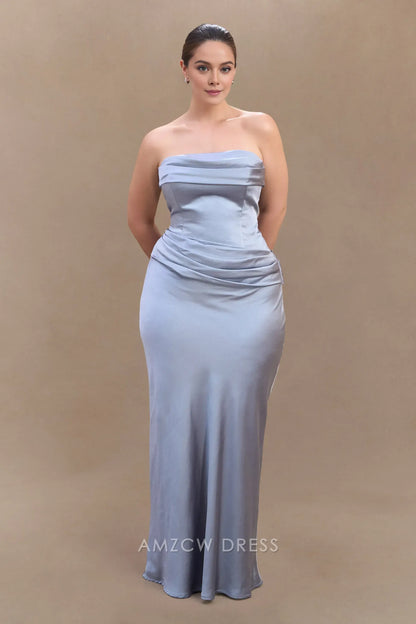 Amzcw Elegant prom clothes Plus Size Strapless Satin Maxi Dress - Frosted Blue Floor Length formal hot sale for women